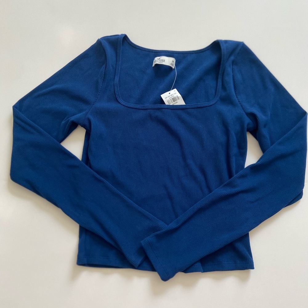 Hollister Ribbed Square Neck Long Sleeve Top in Teal Blue Size Medium